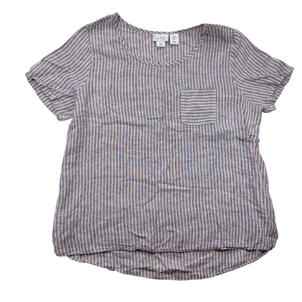 Nicole Miller New York Linen Striped Short Sleeve Top Blue Red Pocket Medium